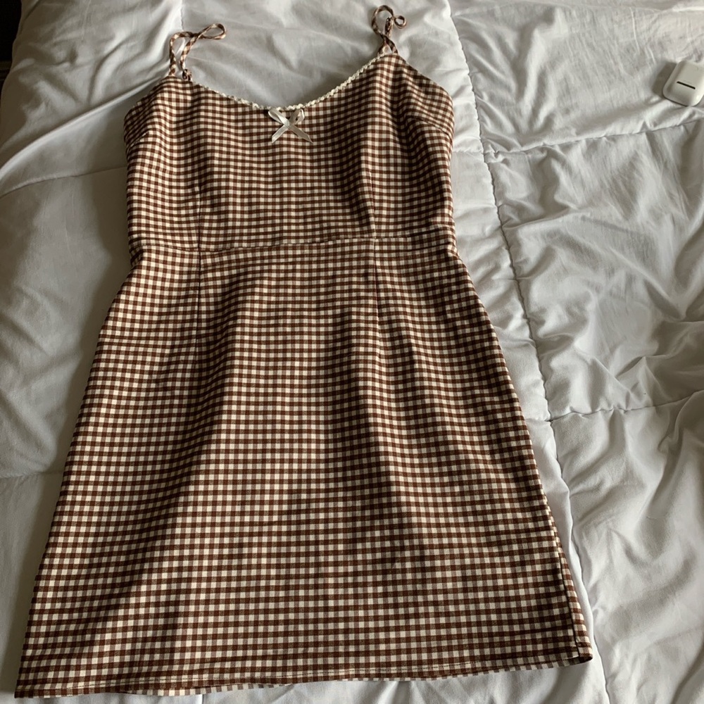 Urban Outfitters Brown and White Gingham Bow Dress
